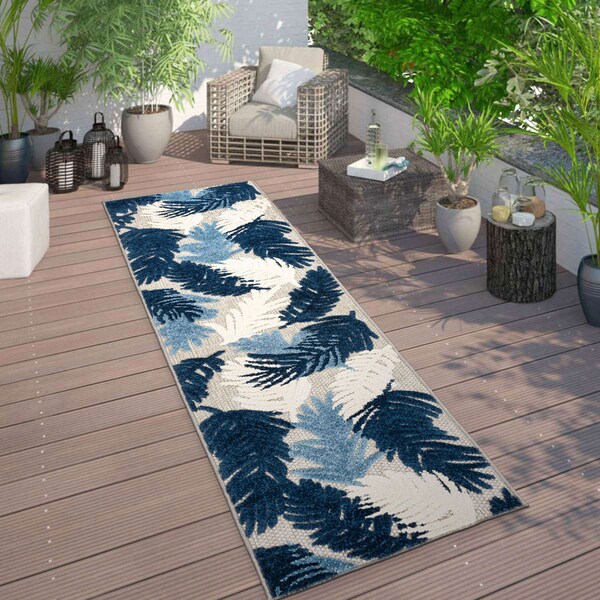 World Rug Gallery Vicenza Tropical Floral Indoor/Outdoor Runner Rug 2' x 7' Navy 8011NAVY2X7 - main